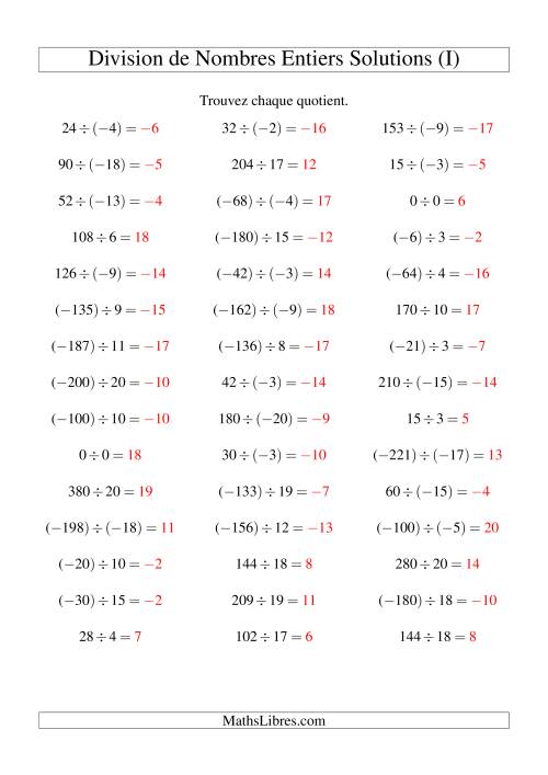 Division de nombres entiers de (-20) à 20 (45 par page) (I) page 2
