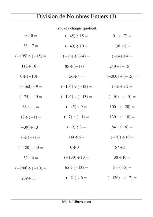 Division de nombres entiers de (-20) à 20 (45 par page) (J)