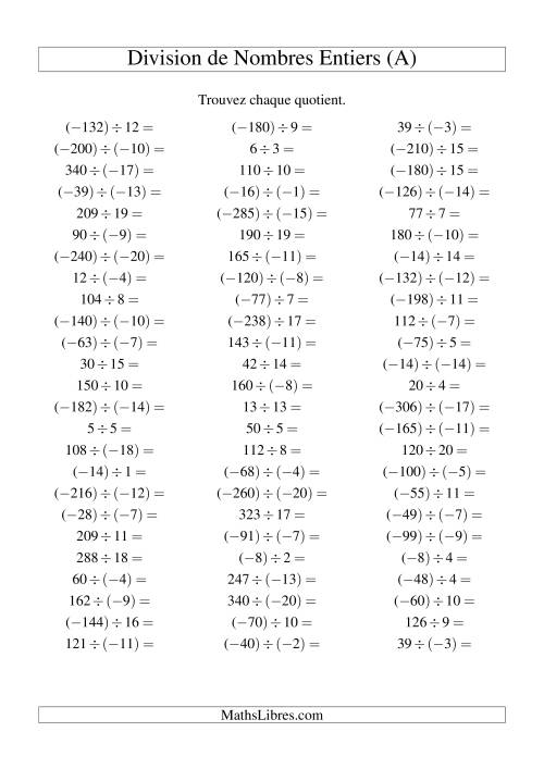 Division de nombres entiers de (-20) à 20 (75 par page) (Tout)