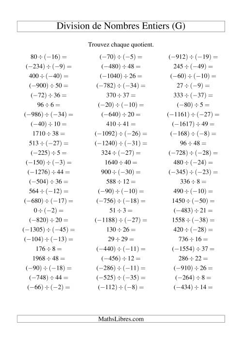 Division de nombres entiers de (-50) à 50 (75 par page) (G)