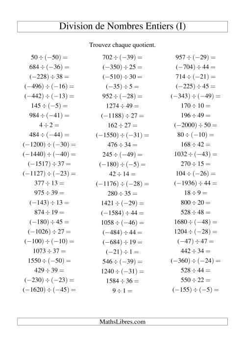 Division de nombres entiers de (-50) à 50 (75 par page) (I)