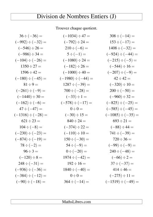 Division de nombres entiers de (-50) à 50 (75 par page) (J)