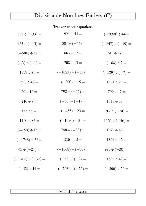 Division de nombres entiers de (-50) à 50 (45 par page) (C)