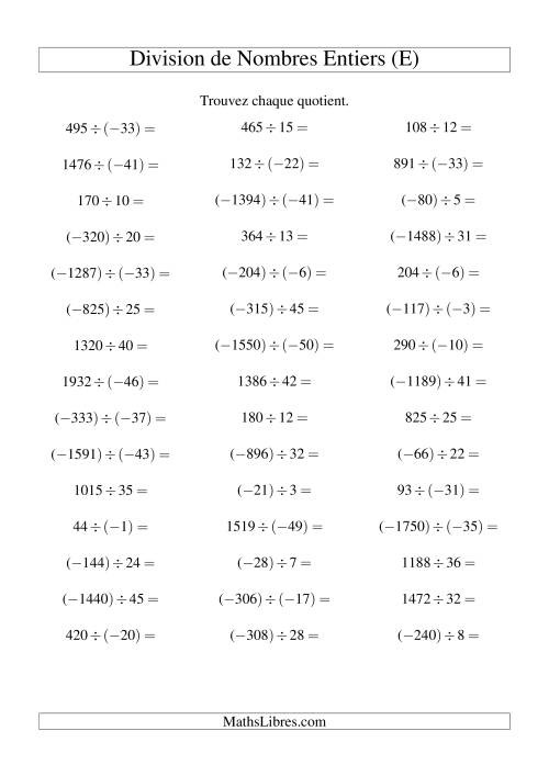 Division de nombres entiers de (-50) à 50 (45 par page) (E)