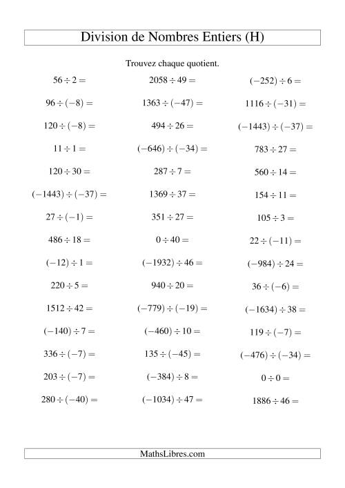 Division de nombres entiers de (-50) à 50 (45 par page) (H)