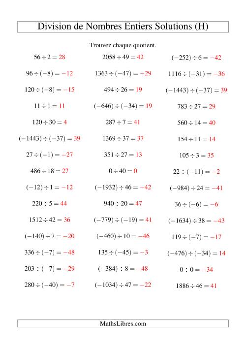 Division de nombres entiers de (-50) à 50 (45 par page) (H) page 2