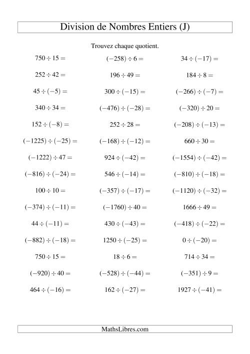 Division de nombres entiers de (-50) à 50 (45 par page) (J)