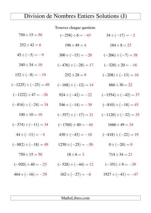 Division de nombres entiers de (-50) à 50 (45 par page) (J) page 2