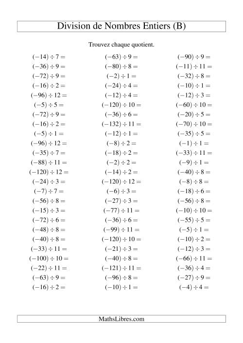Division de nombres entiers -- Négatif divisé par positif (75 par page) (B)