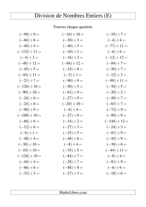 Division de nombres entiers -- Négatif divisé par positif (75 par page) (E)