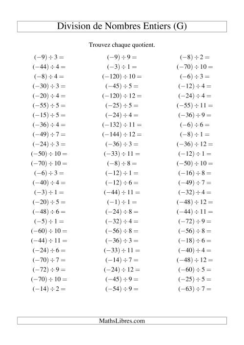 Division de nombres entiers -- Négatif divisé par positif (75 par page) (G)