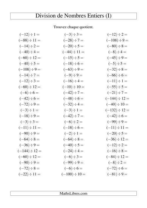 Division de nombres entiers -- Négatif divisé par positif (75 par page) (I)