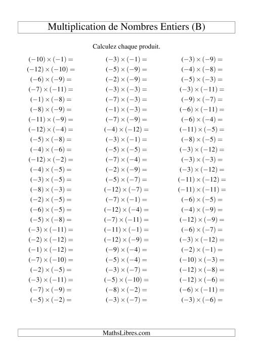 Multiplication de nombres entiers -- Négatif multiplié par négatif (75 par page) (B)