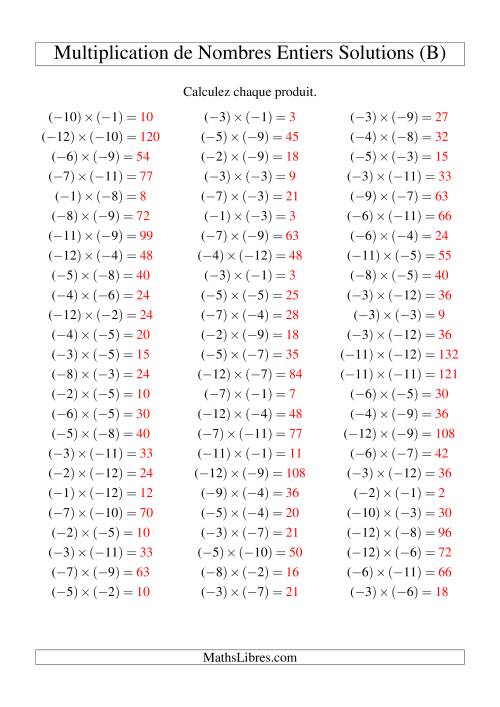 Multiplication de nombres entiers -- Négatif multiplié par négatif (75 par page) (B) page 2