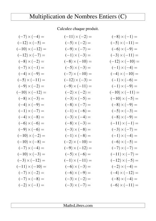 Multiplication de nombres entiers -- Négatif multiplié par négatif (75 par page) (C)