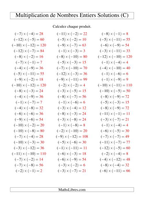 Multiplication de nombres entiers -- Négatif multiplié par négatif (75 par page) (C) page 2