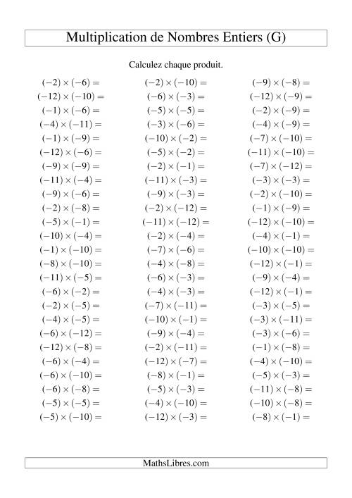 Multiplication de nombres entiers -- Négatif multiplié par négatif (75 par page) (G)