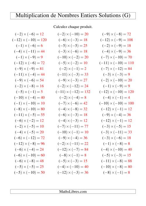 Multiplication de nombres entiers -- Négatif multiplié par négatif (75 par page) (G) page 2