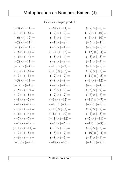 Multiplication de nombres entiers -- Négatif multiplié par négatif (75 par page) (J)