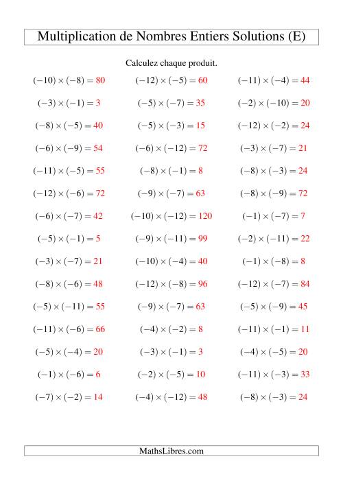 Multiplication de nombres entiers -- Négatif multiplié par négatif (45 par page) (E) page 2