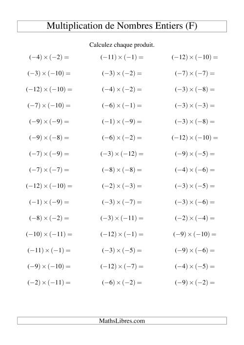 Multiplication de nombres entiers -- Négatif multiplié par négatif (45 par page) (F)