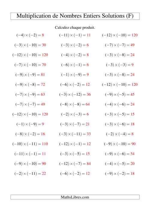 Multiplication de nombres entiers -- Négatif multiplié par négatif (45 par page) (F) page 2