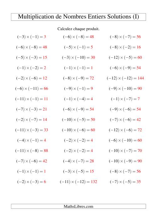 Multiplication de nombres entiers -- Négatif multiplié par négatif (45 par page) (I) page 2