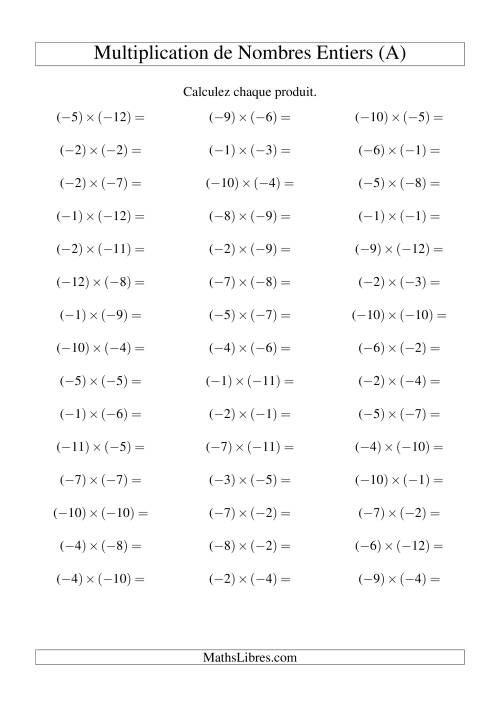 Multiplication de nombres entiers -- Négatif multiplié par négatif (45 par page) (Tout)