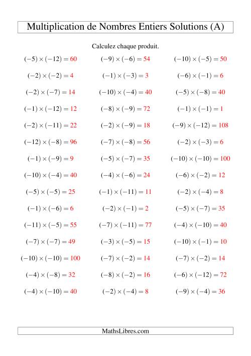 Multiplication de nombres entiers -- Négatif multiplié par négatif (45 par page) (Tout) page 2