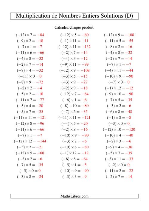 Multiplication de nombres entiers -- Négatif multiplié par positif (75 par page) (D) page 2
