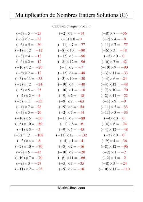 Multiplication de nombres entiers -- Négatif multiplié par positif (75 par page) (G) page 2