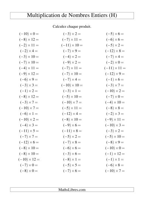 Multiplication de nombres entiers -- Négatif multiplié par positif (75 par page) (H)