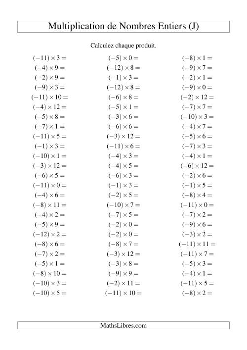 Multiplication de nombres entiers -- Négatif multiplié par positif (75 par page) (J)