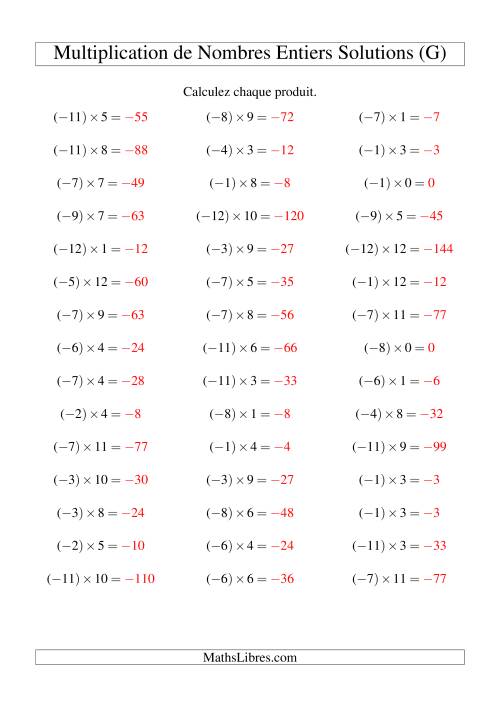 Multiplication de nombres entiers -- Négatif multiplié par positif (45 par page) (G) page 2