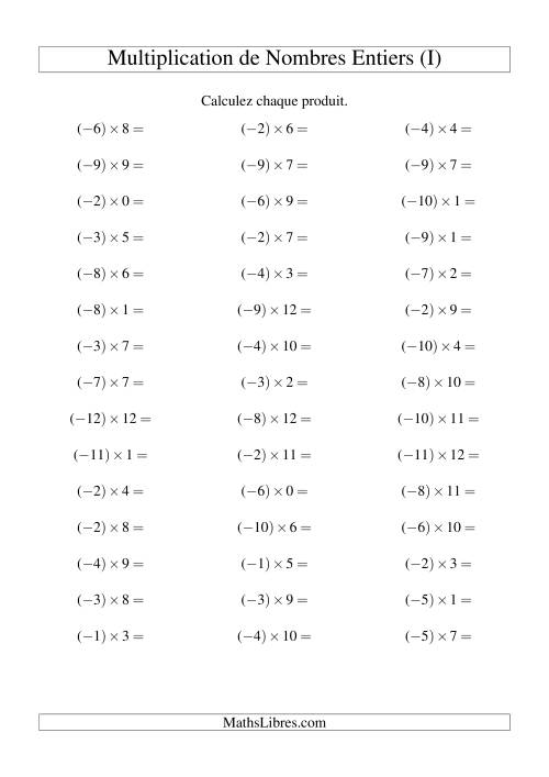 Multiplication de nombres entiers -- Négatif multiplié par positif (45 par page) (I)