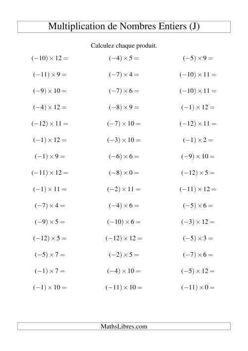 Multiplication de nombres entiers -- Négatif multiplié par positif (45 par page) (J)