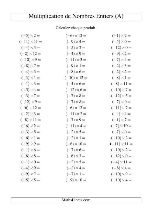 Multiplication de nombres entiers -- Négatif multiplié par positif (75 par page) (Tout)