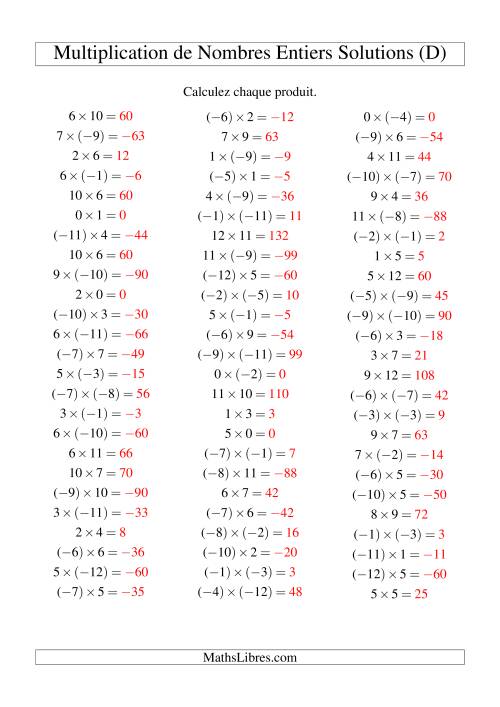 Multiplication de nombres entiers de (-12) à 12 (75 par page) (D) page 2