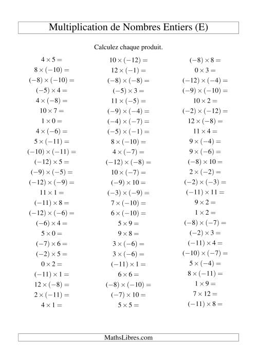 Multiplication de nombres entiers de (-12) à 12 (75 par page) (E)