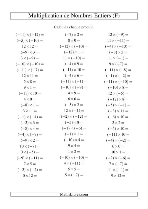 Multiplication de nombres entiers de (-12) à 12 (75 par page) (F)
