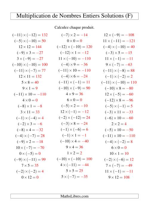 Multiplication de nombres entiers de (-12) à 12 (75 par page) (F) page 2