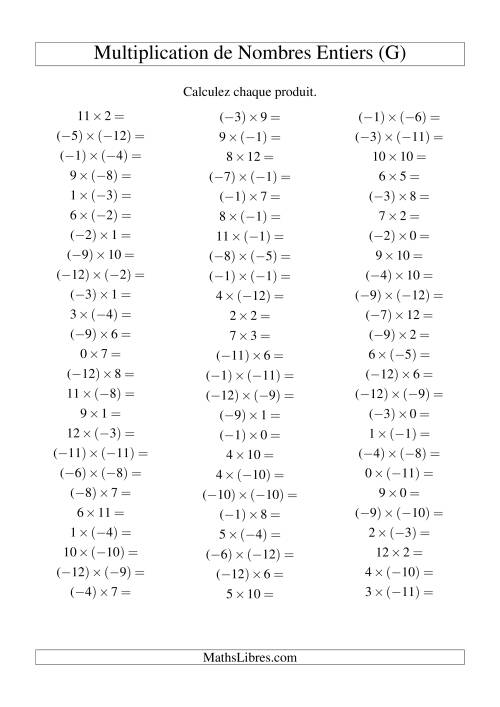 Multiplication de nombres entiers de (-12) à 12 (75 par page) (G)