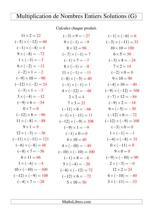 Multiplication de nombres entiers de (-12) à 12 (75 par page) (G) page 2