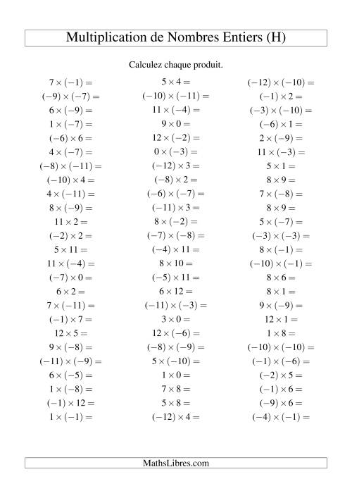 Multiplication de nombres entiers de (-12) à 12 (75 par page) (H)