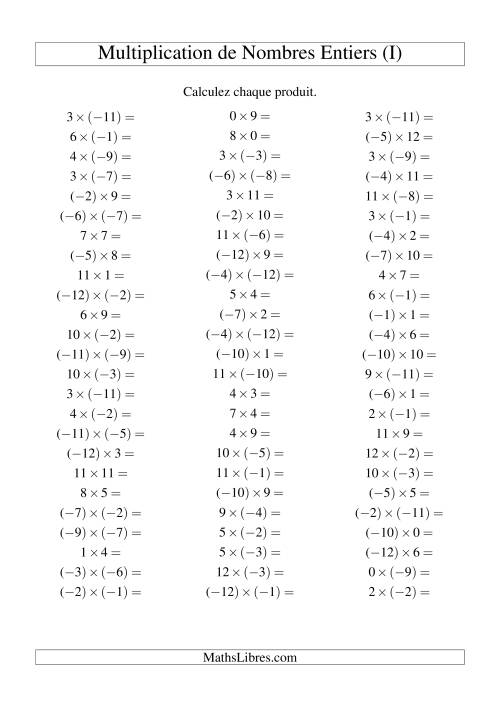 Multiplication de nombres entiers de (-12) à 12 (75 par page) (I)