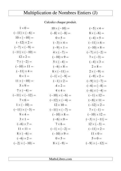 Multiplication de nombres entiers de (-12) à 12 (75 par page) (J)