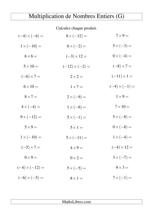 Multiplication de nombres entiers de (-12) à 12 (45 par page) (G)
