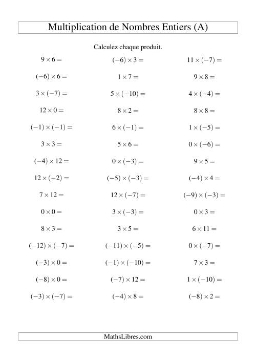 Multiplication de nombres entiers de (-12) à 12 (45 par page) (Tout)