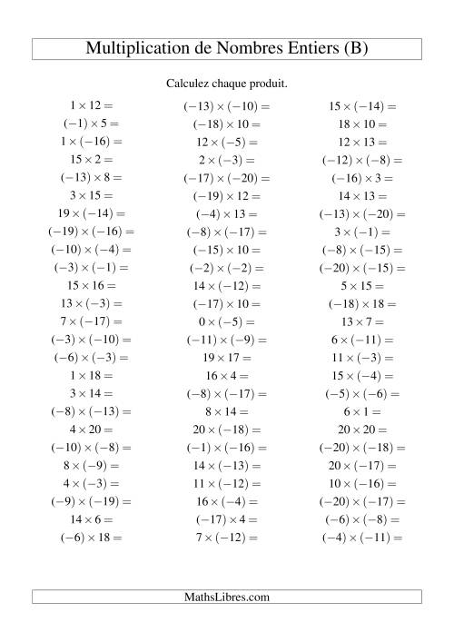 Multiplication de nombres entiers de (-20) à 20 (75 par page) (B)
