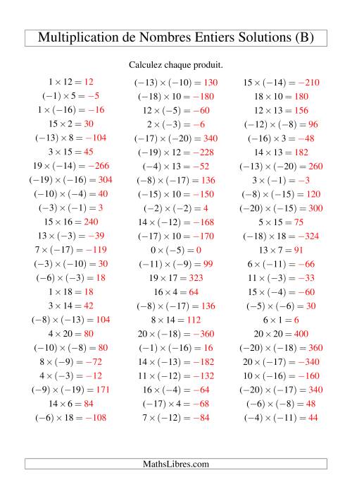 Multiplication de nombres entiers de (-20) à 20 (75 par page) (B) page 2